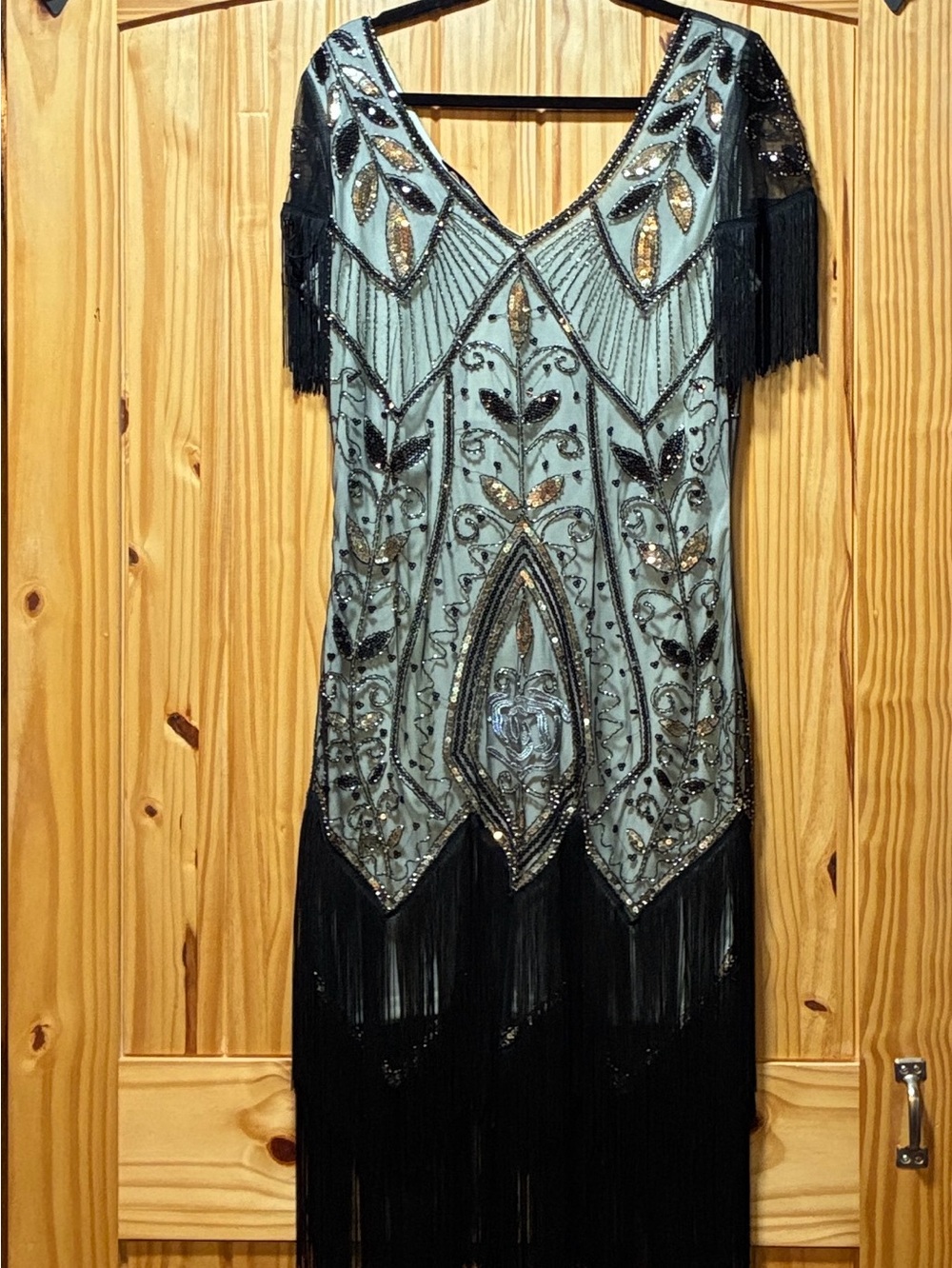 Beaded Flapper Dress with Fringe in ivory, gold and Black